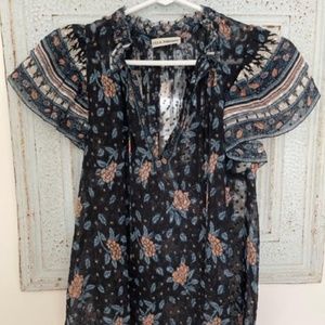 ULLA JOHNSON Flounciful Floral on Semi- Sheer Dotted Navy Blouse Size S  0  34"